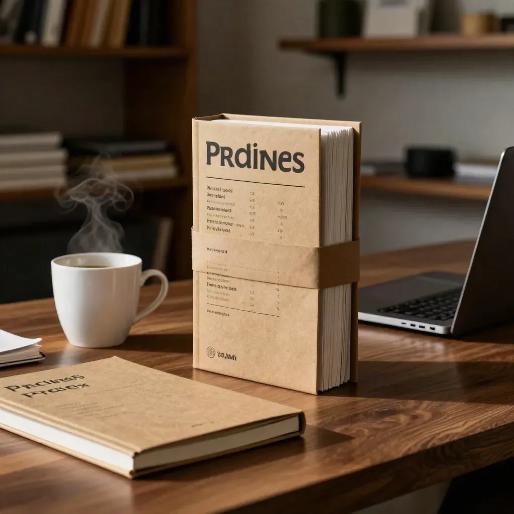 Founder guide bundle, closed pricing notebook, coffee cup, and dark laptop on a sunlit workbench.