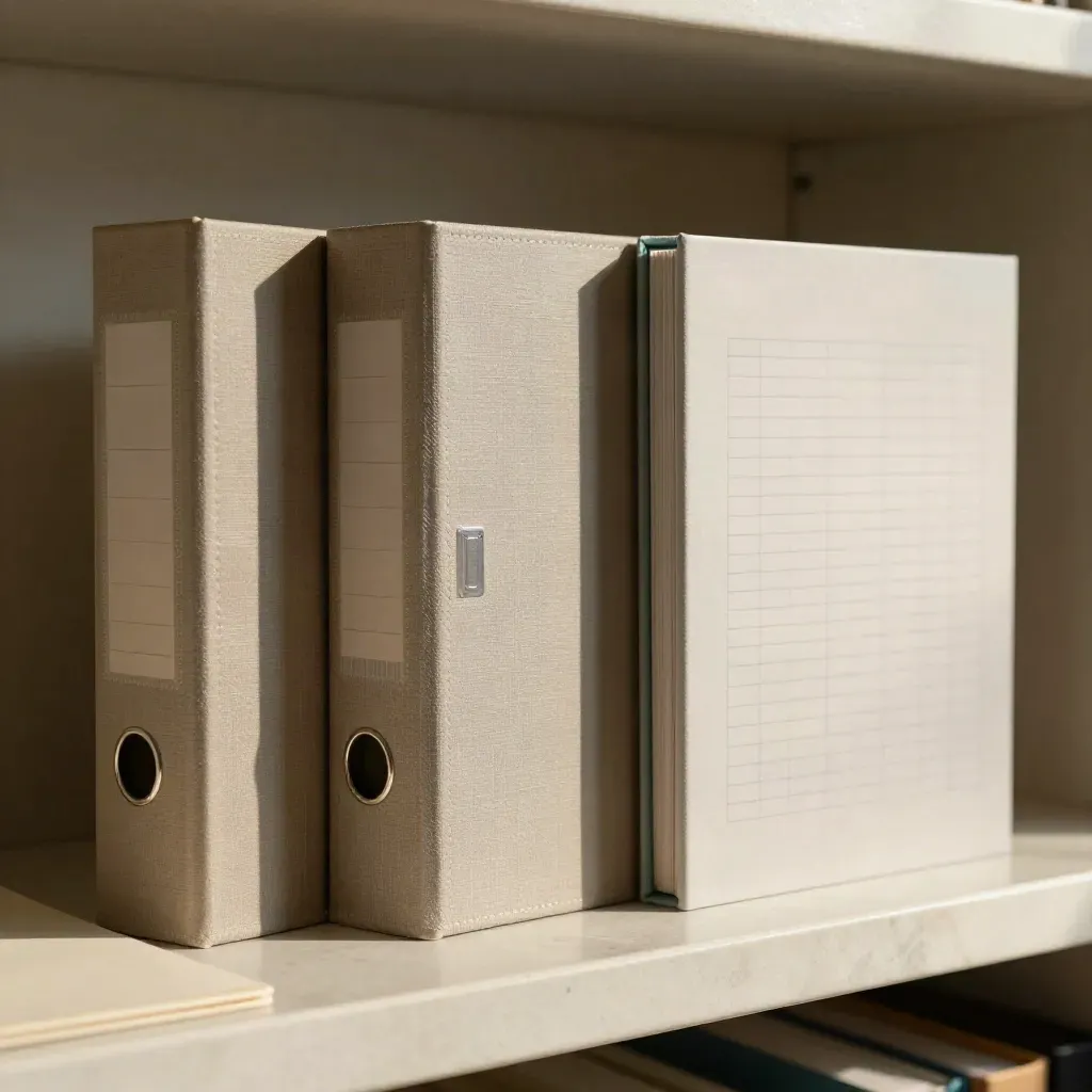 Three comparison binders and sample cases on a limestone archive ledge in morning light.