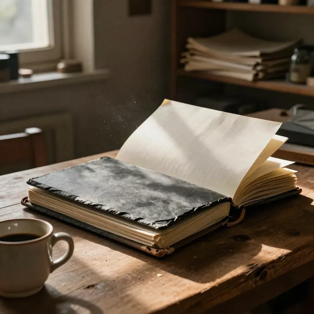 Slate binder, coffee cup and field notes on a workshop counter in warm dusk light.