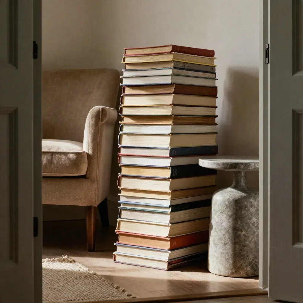 Stack of saved guides beside a worn armchair in moody late sunlight.