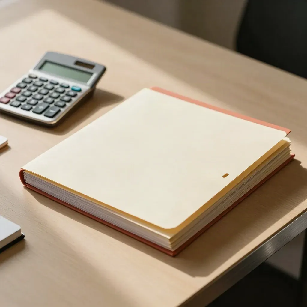 Overhead budget folders skimming a wood table beside a calculator and clipped notebook.