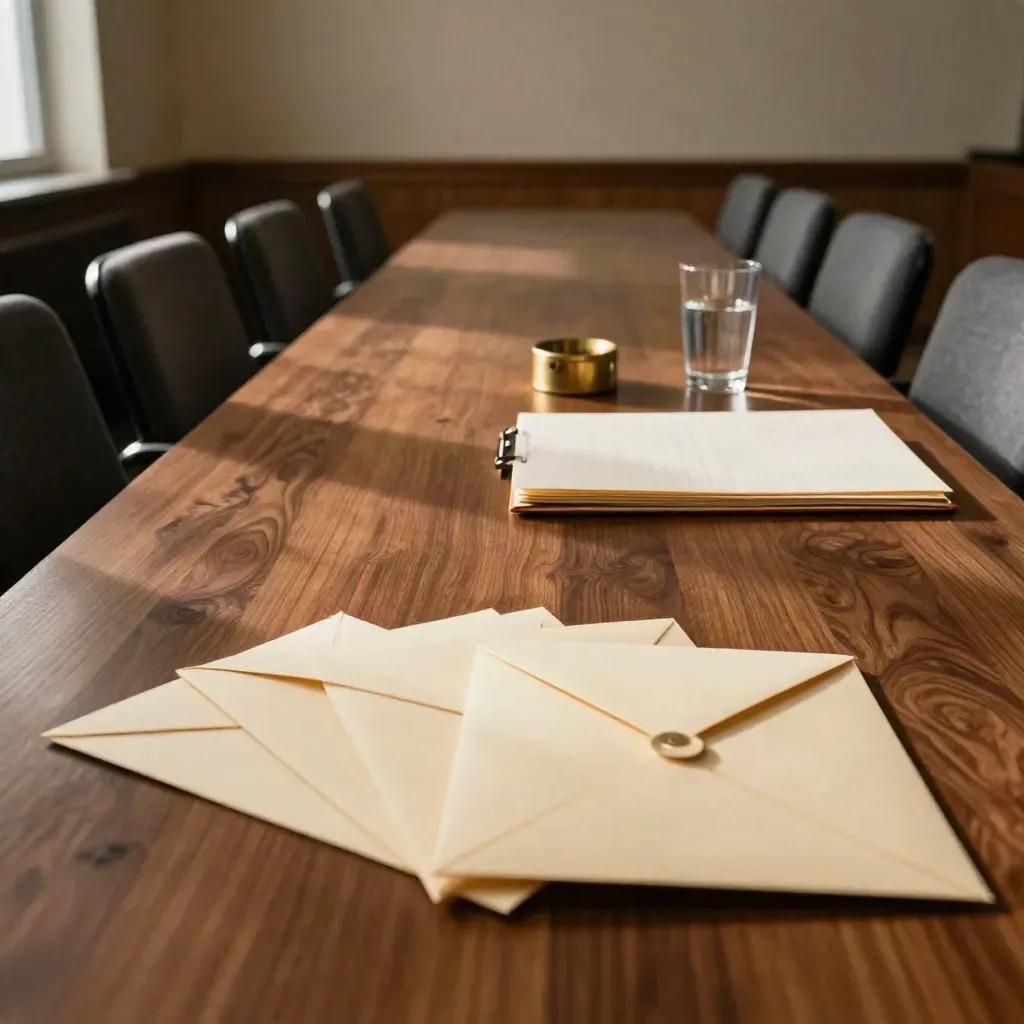 Dim interview room with sealed offer envelopes, empty chairs, and a closed hiring folder