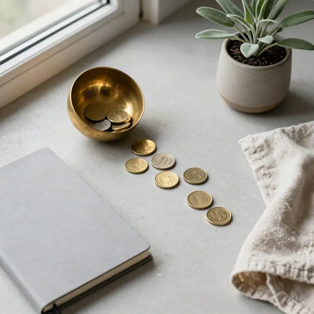Top-down brass coin bowl, scattered coins, notebook, plant, and linen on pale concrete.