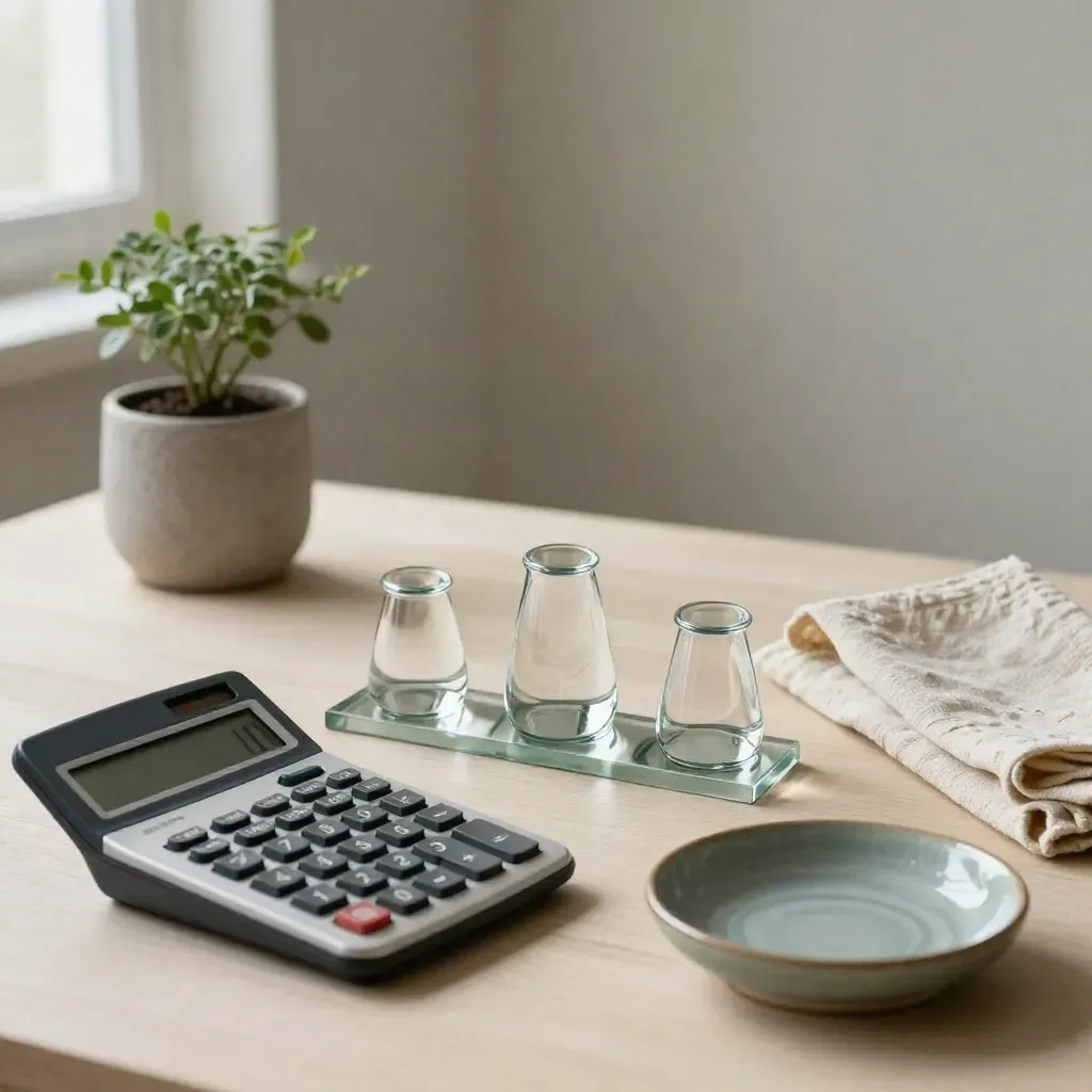 Calculator, glass weights, and a small plant on pale wood with soft teal accent