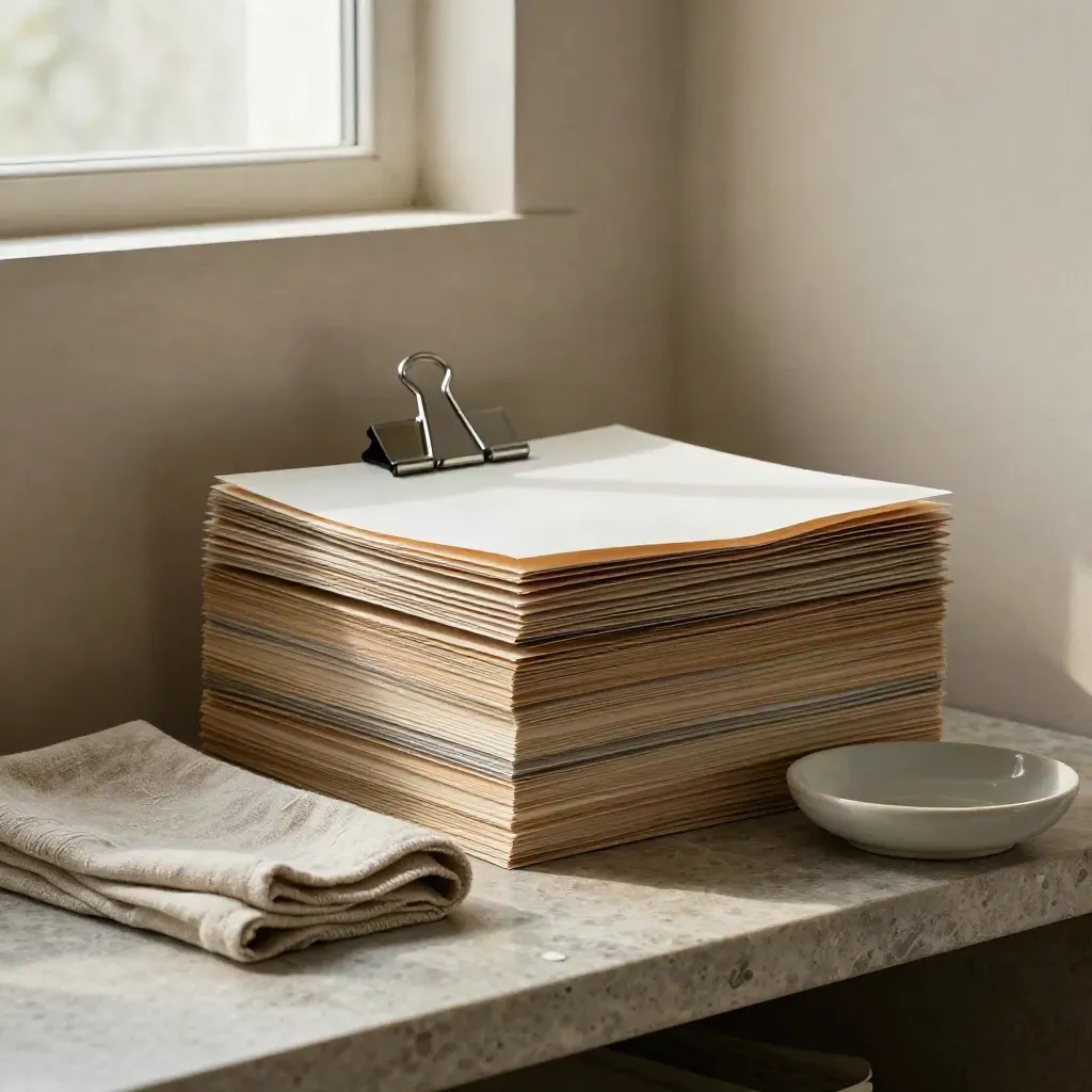 Folders, linen cloth, and ceramic dish on a stone shelf in soft window light.
